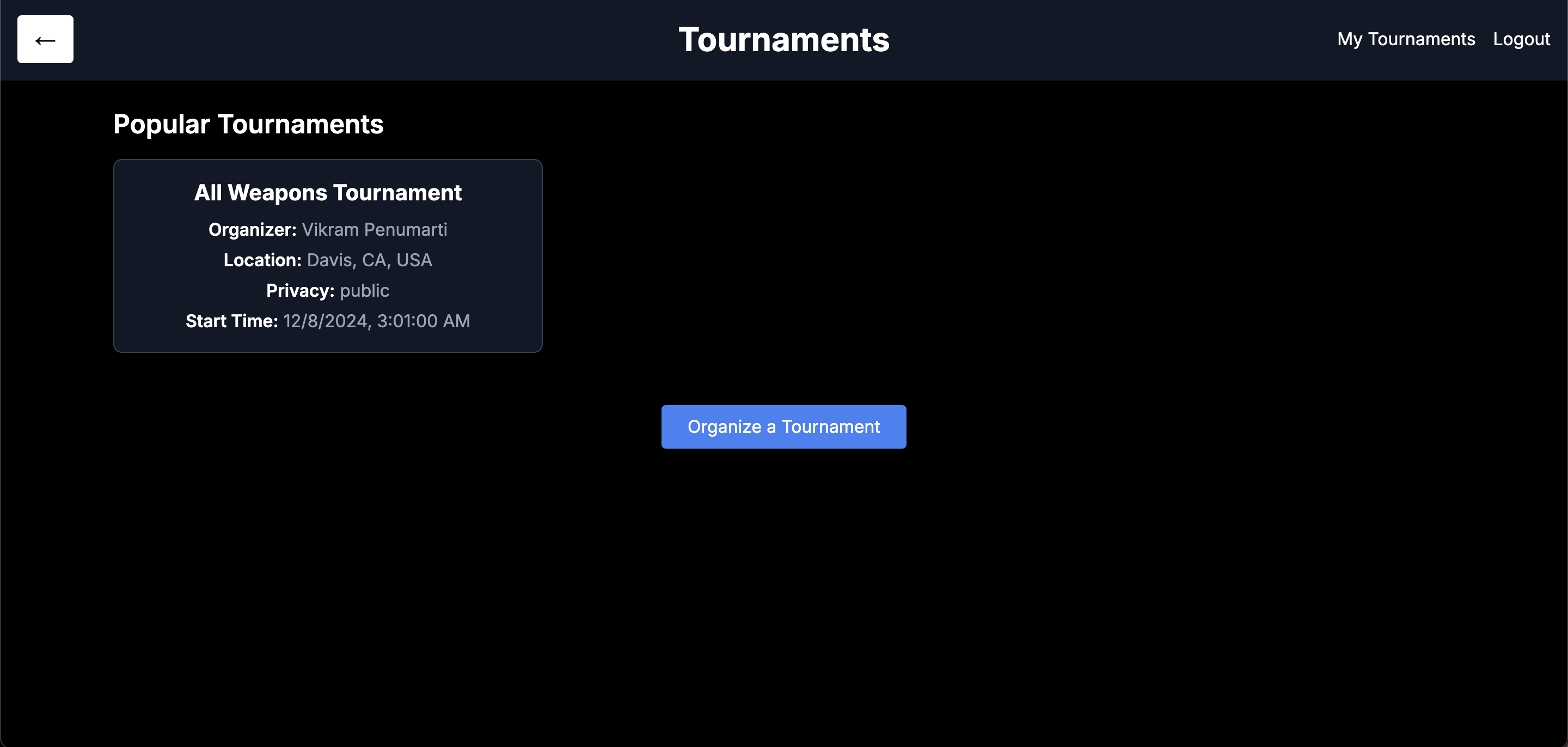 Tournaments page